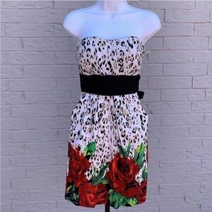 Strapless Dress with leopard print, red roses, and black ribbon belt